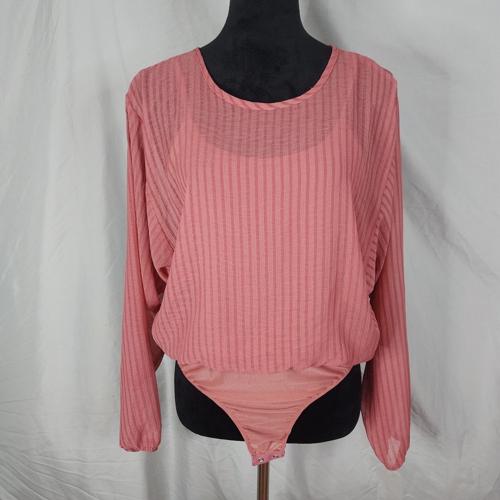 PROMESA Size Medium Sheer Striped Dusty Rose Open Back Snap Bodysuit Cami Blouse